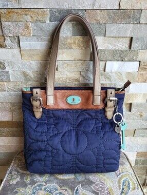 Fossil Navy Quilted Key-per Tote with Leather Trim